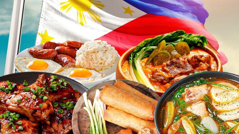 Traditional Filipino dishes like adobo, sinigang, and lechon on a wooden table.