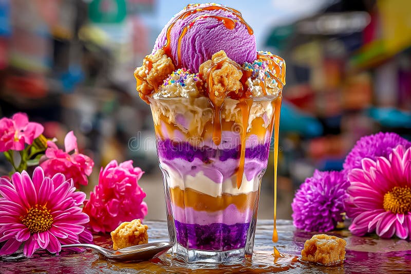A tall glass of halo-halo topped with ube ice cream and leche flan