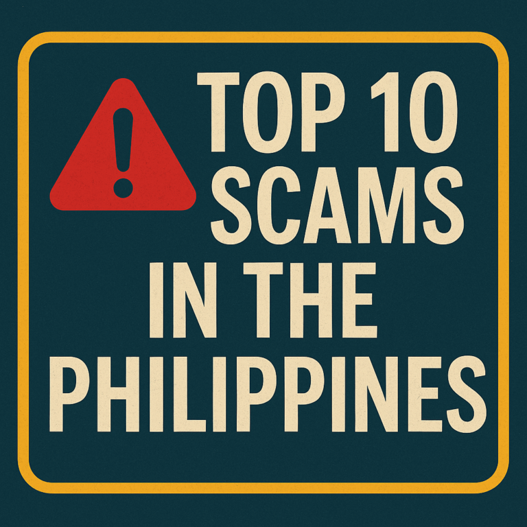 Warning sign graphic titled ‘Top 10 Scams in the Philippines,’ designed to alert foreigners and travelers about common scams