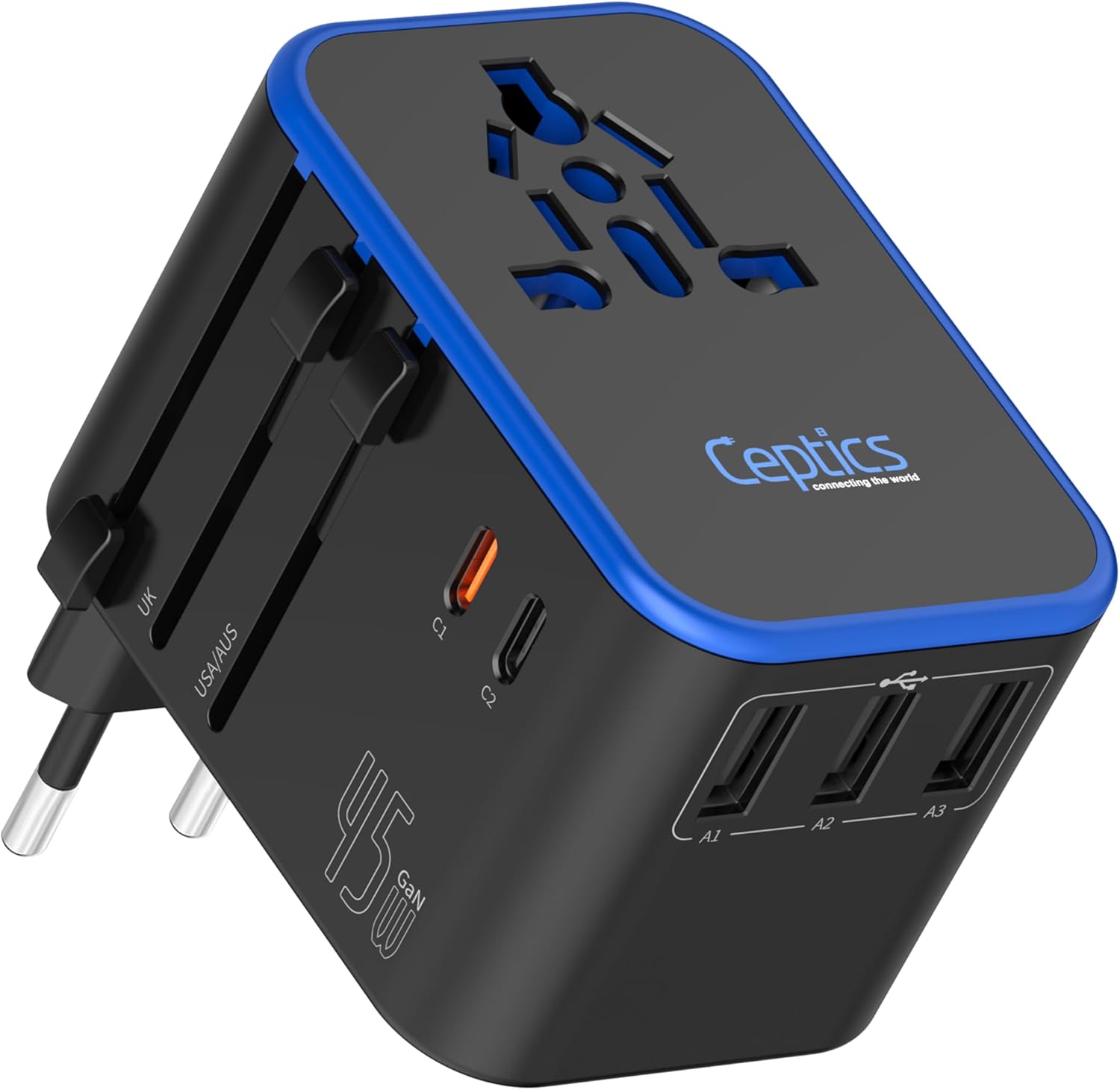 Universal travel power adapter with USB and USB-C ports